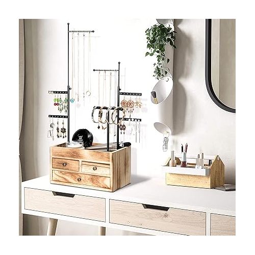  LAVIEVERT Jewelry Organizer Tower with Double-Layer Wooden Drawer Storage Box, 7 Tier Jewelry Tree Stand Jewelry Display for Necklaces, Bracelets, Earrings and Rings