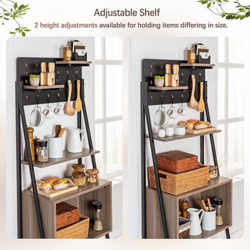  LAVIEVERT 5-Tier Bookshelf with Pegboard Floating Shelves, Industrial Vintage Bookcase, Freestanding Display Storage Rack Shelf with 6 Removable Metal Hooks for Home Office - Grey Oak