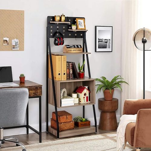  LAVIEVERT 5-Tier Bookshelf with Pegboard Floating Shelves, Industrial Vintage Bookcase, Freestanding Display Storage Rack Shelf with 6 Removable Metal Hooks for Home Office - Grey Oak