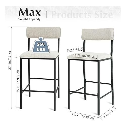  LAVIEVERT Bar Stools, Set of 2 Bar Chairs, Kitchen Island Chairs Counter Height Barstools with Soft Cushion & Backrest and Metal Footrests - Grey