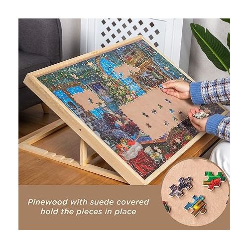  Lavievert 1000 Piece Tilting Jigsaw Puzzle Board with Wooden Cover, Adjustable Puzzle Board with Built-in Easel/Stand, Portable Puzzle Table with Non-Slip Flannel Tabletop for Adults & Kids