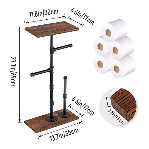  Lavievert Industrial Toilet Paper Holder, Free Standing Toilet Paper Dispenser with Wood Shelf & Base, Farmhouse Floor Tissue Paper Stand with Wrought Iron Pipe for Bathroom, Washroom