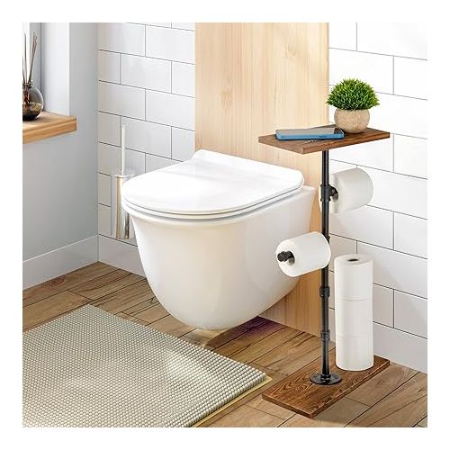  Lavievert Industrial Toilet Paper Holder, Free Standing Toilet Paper Dispenser with Wood Shelf & Base, Farmhouse Floor Tissue Paper Stand with Wrought Iron Pipe for Bathroom, Washroom