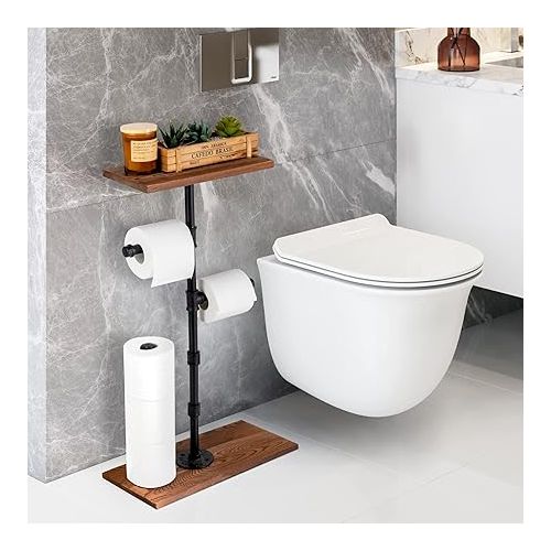  Lavievert Industrial Toilet Paper Holder, Free Standing Toilet Paper Dispenser with Wood Shelf & Base, Farmhouse Floor Tissue Paper Stand with Wrought Iron Pipe for Bathroom, Washroom