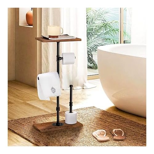  Lavievert Industrial Toilet Paper Holder, Free Standing Toilet Paper Dispenser with Wood Shelf & Base, Farmhouse Floor Tissue Paper Stand with Wrought Iron Pipe for Bathroom, Washroom