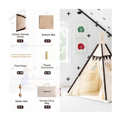  Lavievert Cotton Canvas Teepee Tent for Kids, Portable Toddler Play Tent Playhouse with Bottom Mat for Boys & Girls Indoor Outdoor Games