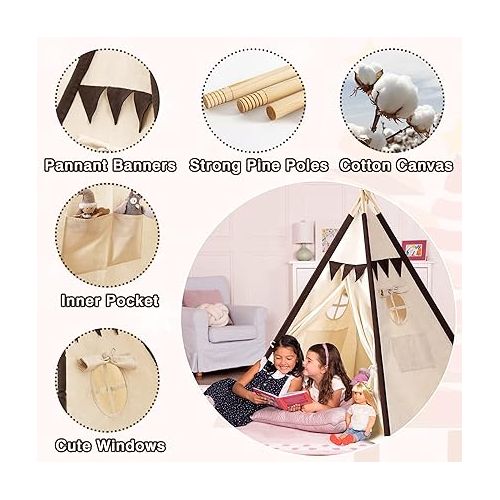  Lavievert Cotton Canvas Teepee Tent for Kids, Portable Toddler Play Tent Playhouse with Bottom Mat for Boys & Girls Indoor Outdoor Games