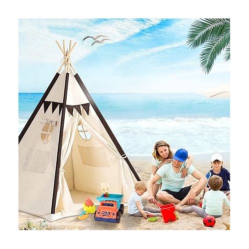  Lavievert Cotton Canvas Teepee Tent for Kids, Portable Toddler Play Tent Playhouse with Bottom Mat for Boys & Girls Indoor Outdoor Games