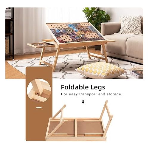  Lavievert Tilting Puzzle Table with 2 Drawers, Adjustable Jigsaw Puzzle Board for Adults & Kids, Portable Wooden Puzzle Plateau with Folding Legs & Non-Slip Tabletop for Up to 1000 Pieces