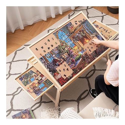  Lavievert Tilting Puzzle Table with 2 Drawers, Adjustable Jigsaw Puzzle Board for Adults & Kids, Portable Wooden Puzzle Plateau with Folding Legs & Non-Slip Tabletop for Up to 1000 Pieces