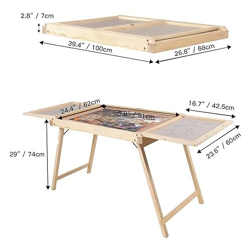  LAVIEVERT 1500 Piece Jigsaw Puzzle Table with Sorting Trays & Cover, Wooden Puzzle Board with Foldable Legs, Portable Puzzle Table with Non-Slip Surface for Adults