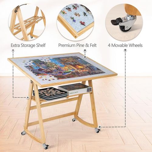  Lavievert 1500 Piece Jigsaw Puzzle Table with Legs & Cover, Adjustable Wooden Puzzle Board Easel with Storage Shelf, Portable Tilting Puzzle Table with 4 Rolling Wheels for Adults