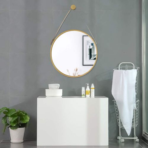  LAXF-Mirrors Metal Framed Decorative Wall Mirror with Hanging Strap, Round Bathroom Mirrors for Bedroom, Bathroom and Living Room White