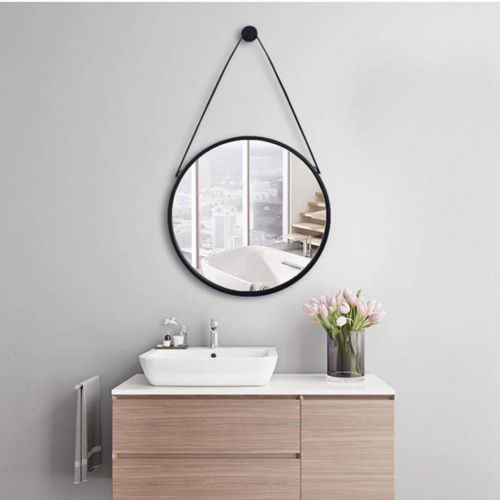  LAXF-Mirrors Modern Round Rustic Metal Mirror with Hanging Strap,Creative Makeup Shaving Iron Mirrors,Metal Framed Decorative Wall Mirror Black