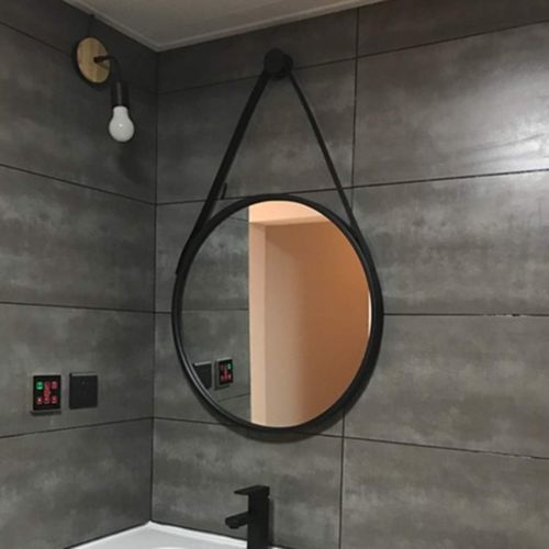  LAXF-Mirrors Modern Round Rustic Metal Mirror with Hanging Strap,Creative Makeup Shaving Iron Mirrors,Metal Framed Decorative Wall Mirror Black