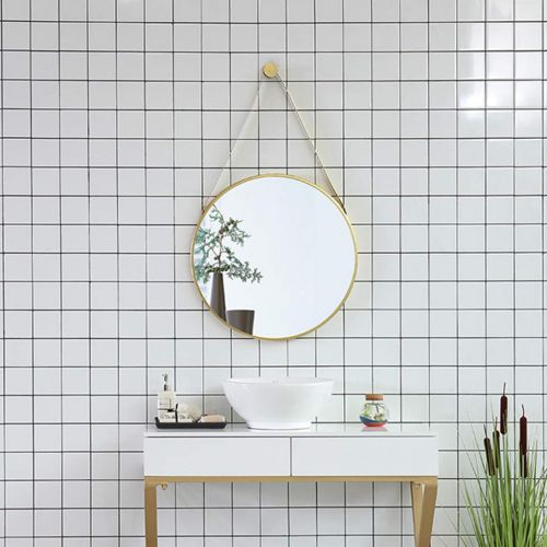  LAXF-Mirrors Retro Bathroom Mirror, Creative Hanging Strap Entrance Mirror Restaurant Bar Decorative Mirror Metal Framed Makeup Mirror Dressing Mirror Round Hanging Mirror Wall Mirror Gold