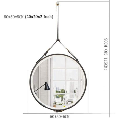  LAXF-Mirrors Leather Framed Decorative Wall Mirror with Hanging Strap, Round Rustic Mirror for Bathroom, Bedroom, Kids Room, Living Room Black Diameter 20 Inch