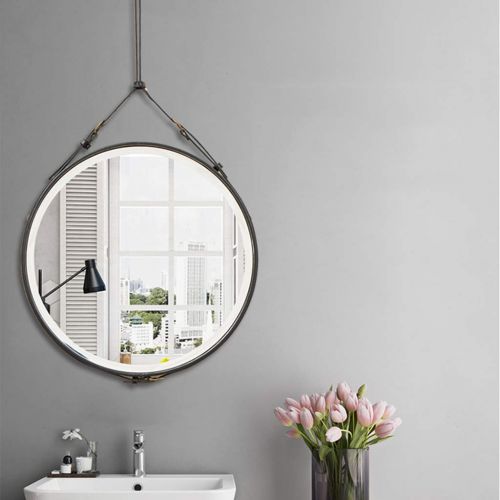  LAXF-Mirrors Leather Framed Decorative Wall Mirror with Hanging Strap, Round Rustic Mirror for Bathroom, Bedroom, Kids Room, Living Room Black Diameter 20 Inch