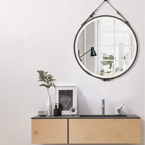  LAXF-Mirrors Leather Framed Decorative Wall Mirror with Hanging Strap, Round Rustic Mirror for Bathroom, Bedroom, Kids Room, Living Room Black Diameter 20 Inch