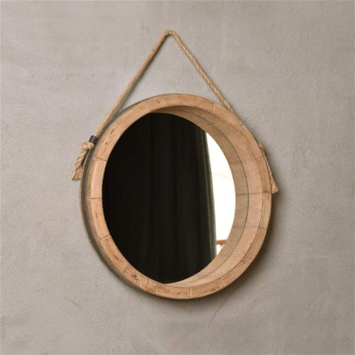  LAXF-Mirrors Shower Mirrors Nordic Makeup Round Mirror Bathroom Decoration Wall Hanging Mirrors Wood and Hemp Rope Design (Color : Wood Color, Size : 79cm)