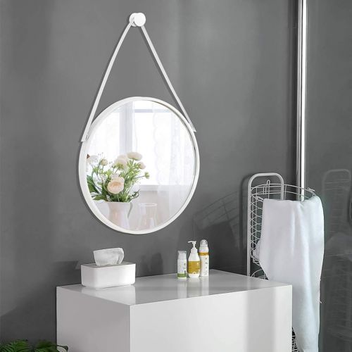  LAXF-Mirrors Retro Metal Wall Hanging Mirror with Hanging Strap, Round Decorative Mirror, Creative Makeup Shaving Iron Mirrors for Bedroom, Bathroom and Living Room White