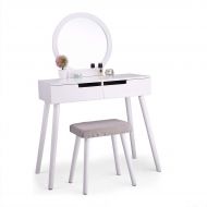 LAZYMOON Makeup Vanity Table Set with 2 Large Sliding Drawers Round Mirror Bedroom Furniture White
