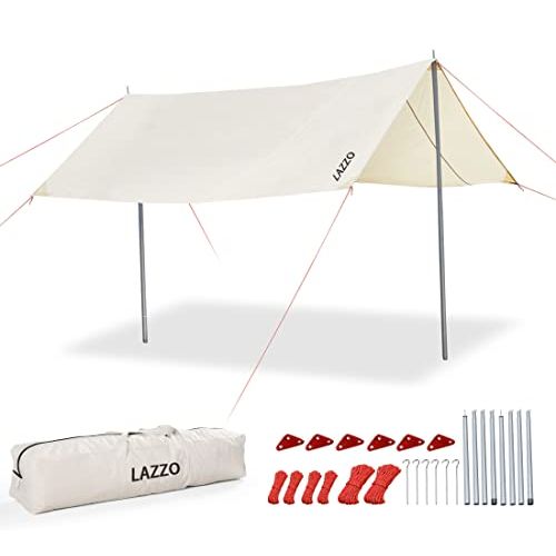  LAZZO Portable Camping Tent Tarps with Poles, 4-6 Person Lightweight Awning Canopy Shelter with Carry Bag for Outdoor, Picnic, Hammock