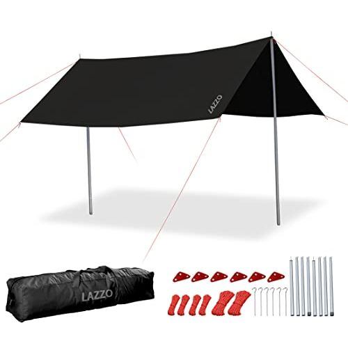  LAZZO Portable Camping Tent Tarps with Poles, 4-6 Person Lightweight Awning Canopy Shelter with Carry Bag for Outdoor, Picnic, Hammock (Black)