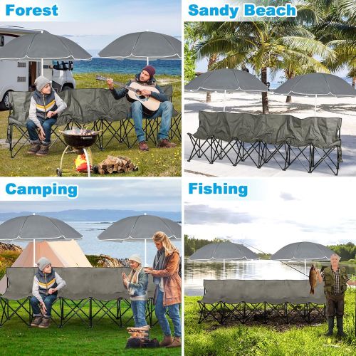  LAZZO Double Folding Camping Chairs, Portable Picnic Camping Chairs w/Umbrella Mini Beverage Holder Carrying Cooler Bag, Outdoor Picnic Double Folding loveseat Camp Chairs for Beac