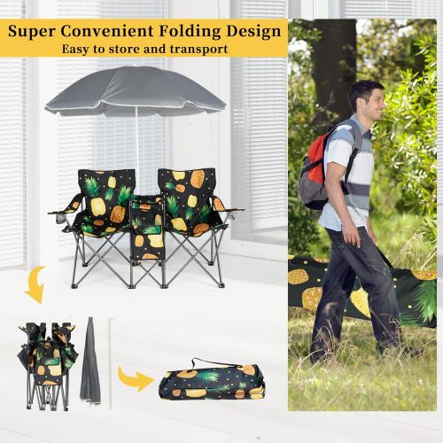  LAZZO Double Folding Camping Chairs, Portable Picnic Camping Chairs w/Umbrella Mini Beverage Holder Carrying Cooler Bag, Outdoor Picnic Double Folding loveseat Camp Chairs for Beac