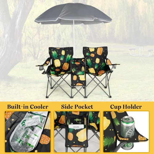  LAZZO Double Folding Camping Chairs, Portable Picnic Camping Chairs w/Umbrella Mini Beverage Holder Carrying Cooler Bag, Outdoor Picnic Double Folding loveseat Camp Chairs for Beac