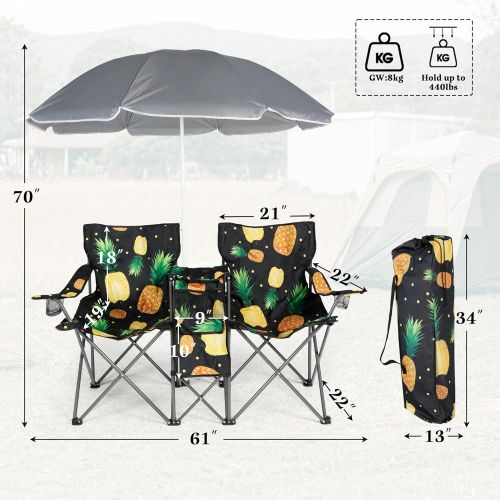  LAZZO Double Folding Camping Chairs, Portable Picnic Camping Chairs w/Umbrella Mini Beverage Holder Carrying Cooler Bag, Outdoor Picnic Double Folding loveseat Camp Chairs for Beac