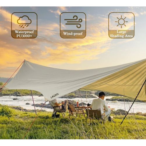 LAZZO Portable Camping Tent Tarps with Poles, 4-6 Person Lightweight Awning Canopy Shelter with Carry Bag for Outdoor, Picnic, Hammock