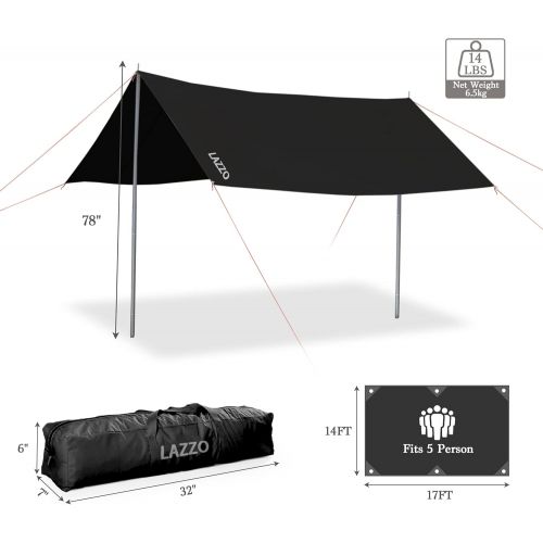  LAZZO Portable Camping Tent Tarps with Poles, 4-6 Person Lightweight Awning Canopy Shelter with Carry Bag for Outdoor, Picnic, Hammock (Black)