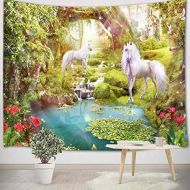 Besuchen Sie den LB-Store LB Einhorn Tapisserie Gruener Wald Wandbehang Tapisserie Rote Blume,See,Marchen-Dschungel Wandteppich fuer Wohnzimmer Schlafzimmer Wohnheim Wand Dekor,150cm Breite x 100cm Hoehe