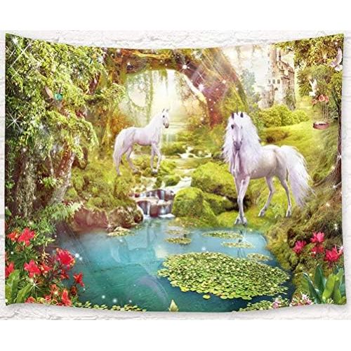  Besuchen Sie den LB-Store LB Einhorn Tapisserie Gruener Wald Wandbehang Tapisserie Rote Blume,See,Marchen-Dschungel Wandteppich fuer Wohnzimmer Schlafzimmer Wohnheim Wand Dekor,150cm Breite x 100cm Hoehe