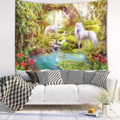  Besuchen Sie den LB-Store LB Einhorn Tapisserie Gruener Wald Wandbehang Tapisserie Rote Blume,See,Marchen-Dschungel Wandteppich fuer Wohnzimmer Schlafzimmer Wohnheim Wand Dekor,150cm Breite x 100cm Hoehe