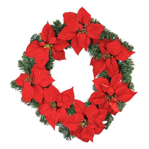  LB International 22 Pre-Lit BO Red Artificial Poinsettia Christmas Wreath - Clear LED Lights