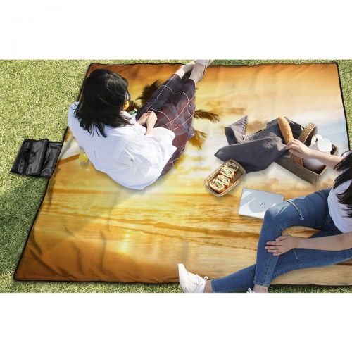  LBSYT Picnic Blanket Beach Ocean Sunset Palm Trees Waterproof Beach Blanket Sand-Proof Folding Portable Tote Picnic Mat Camping Blanket 59x57