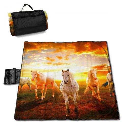  LBSYT Picnic Blanket Horses Runninh Sunset Waterproof Beach Blanket Sand-Proof Folding Portable Tote Picnic Mat Camping Blanket 59x57