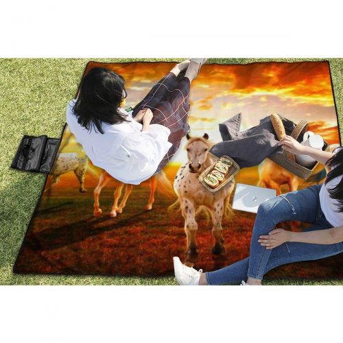  LBSYT Picnic Blanket Horses Runninh Sunset Waterproof Beach Blanket Sand-Proof Folding Portable Tote Picnic Mat Camping Blanket 59x57