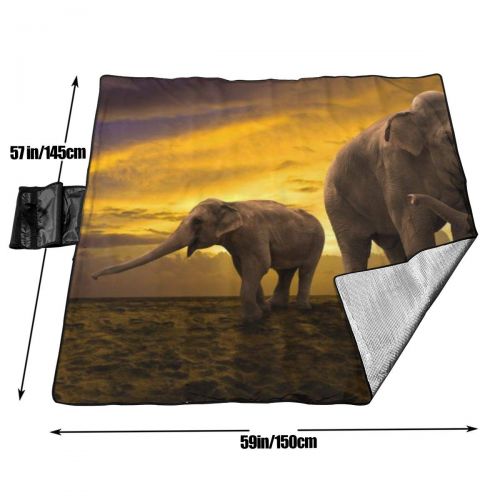  LBSYT Picnic Blanket Elephant Sunset Waterproof Beach Blanket Sand-Proof Folding Portable Tote Picnic Mat Camping Blanket 59x57