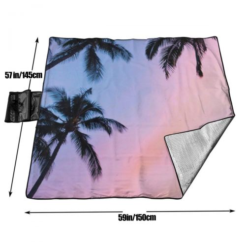  LBSYT Picnic Blanket Plam Tree Sunset Waterproof Beach Blanket Sand-Proof Folding Portable Tote Picnic Mat Camping Blanket 150x145 cm