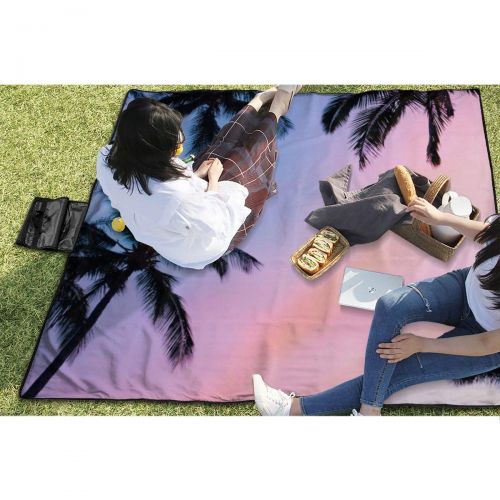  LBSYT Picnic Blanket Plam Tree Sunset Waterproof Beach Blanket Sand-Proof Folding Portable Tote Picnic Mat Camping Blanket 150x145 cm