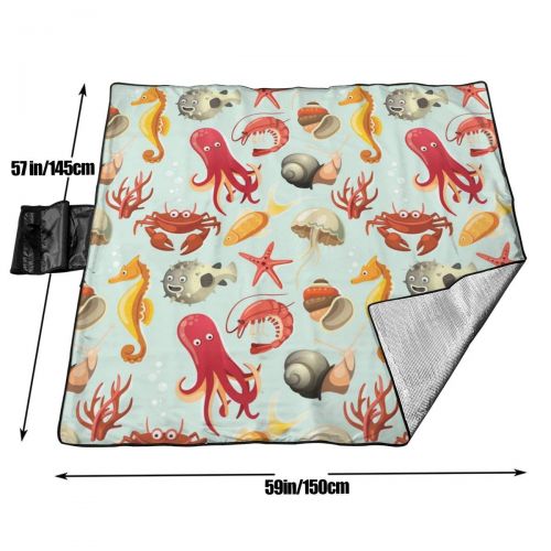 LBSYT Picnic Blanket Set of Fish and Other Species Living in Sea Waterproof Beach Blanket Sand-Proof Folding Portable Tote Picnic Mat Camping Blanket 150x145 cm