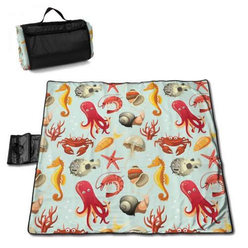 LBSYT Picnic Blanket Set of Fish and Other Species Living in Sea Waterproof Beach Blanket Sand-Proof Folding Portable Tote Picnic Mat Camping Blanket 150x145 cm