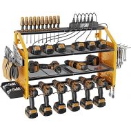 LBT Power Tool Organizer with Charging Station. Patented, Drill Storage Rack Wall Mount, Heavy Duty Steel, 6 Drill Storage Shelf, 8 Hooks,2 Screw Boxes,6 Outlets Power Strip, Easy Install Drill Holder