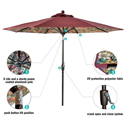  LCH Novelty Design 9 ft Outdoor Umbrella Patio Backyard Deck Table Umbrella Sturdy Pole, 8 Ribs, Crank Open, Push Button Tilting, Red-Floral