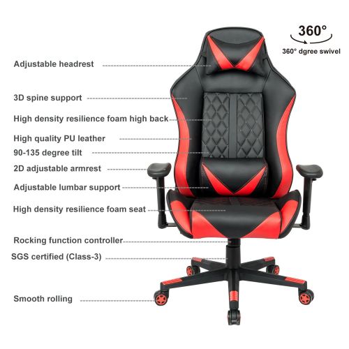  LCH Racing Gaming High-Back Chair Ergonomic Oversized Computer Chair PU Leather Executive Office Chair with Headrest and Lumbar Support, Red