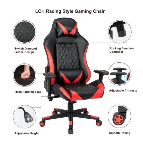  LCH Racing Gaming High-Back Chair Ergonomic Oversized Computer Chair PU Leather Executive Office Chair with Headrest and Lumbar Support, Red